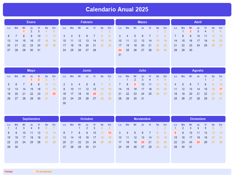 Calendario Anual 2025 con Feriados Argentinos