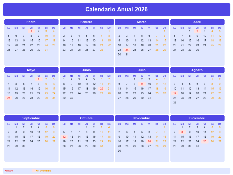 Calendario Anual 2026 con Feriados Argentinos