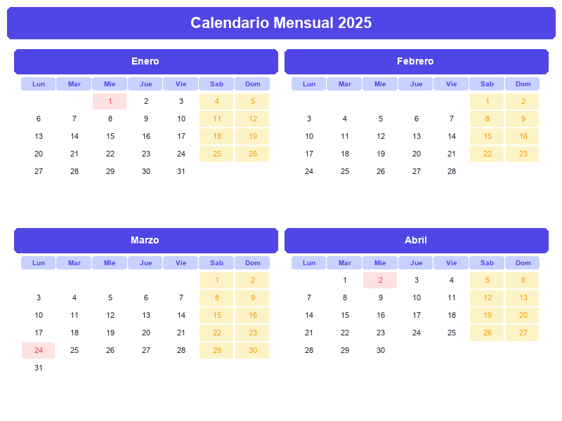 Calendario Mensual 2025 con Feriados
